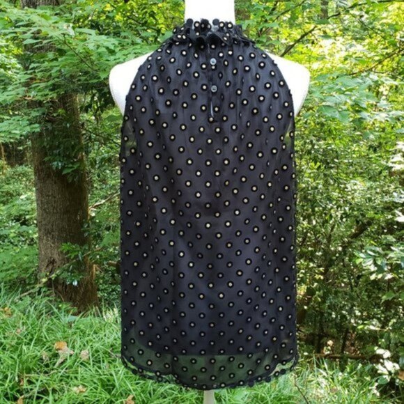 LOFT Black and Gold Clip Dot Velvet Embroidered Mesh Sleeveless Blouse Top (NWT) - Picture 6 of 8